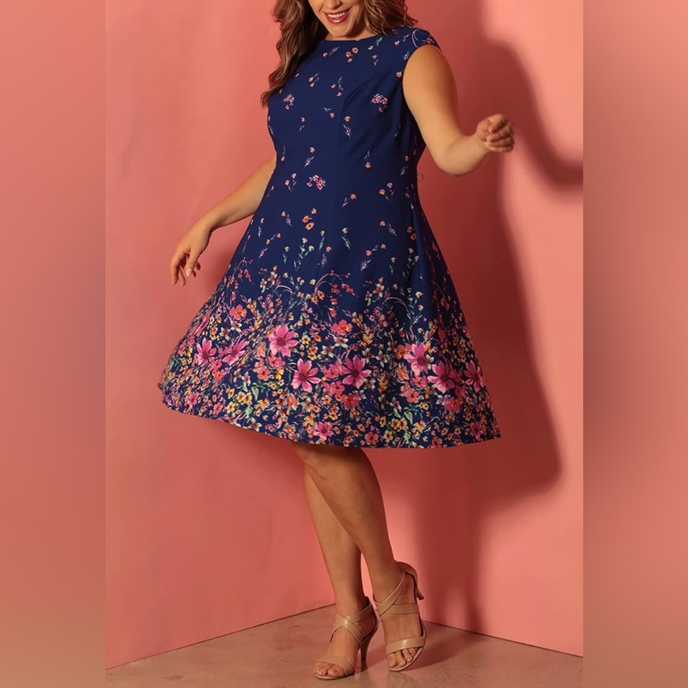 Navy and Floral Dress — By London Times, Size 10 - Picture 7 of 14